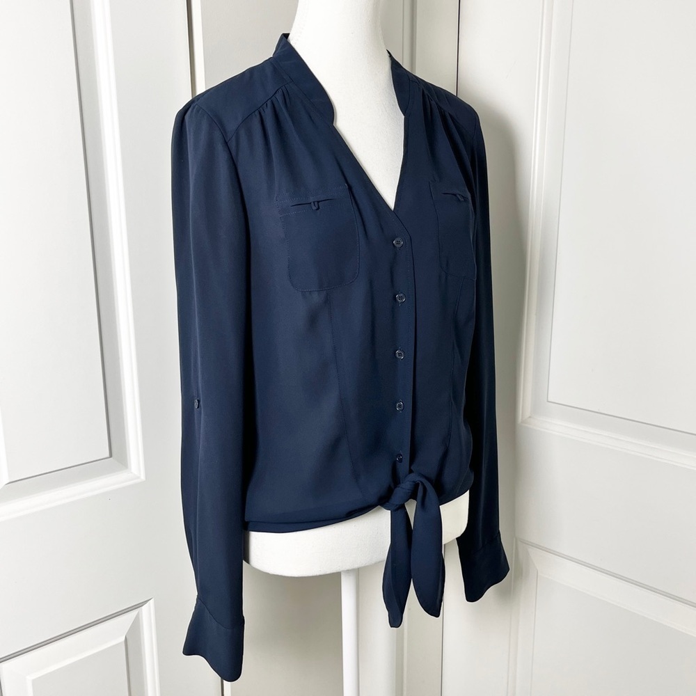 Suzy Shier Navy Button-Up Tie Front Blouse w/ Peek-a-boo Back Detail - M/L - Picture 2 of 13